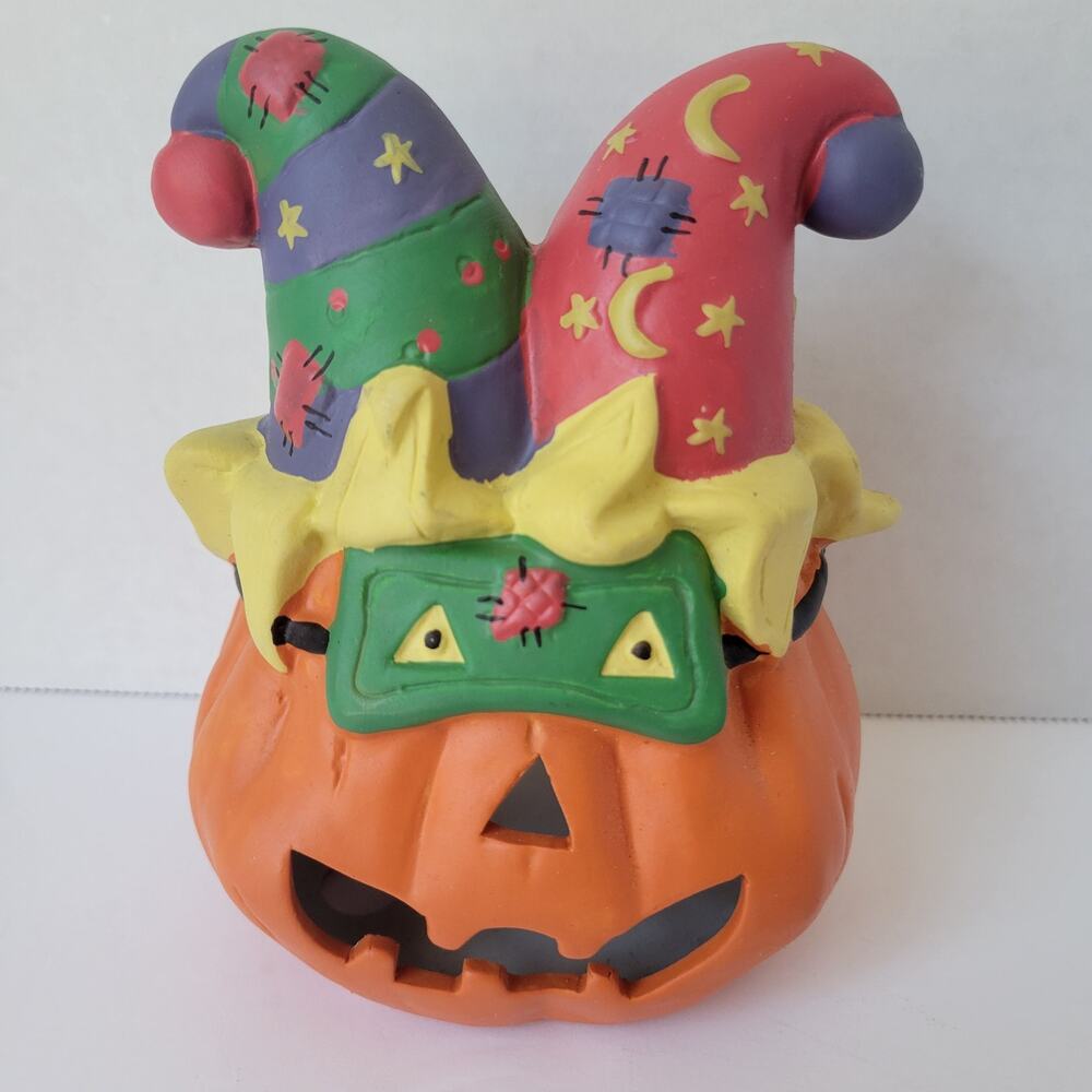 Vtg 90s Mardi Gras Jester Pumpkin Jack-O-Lantern Tea Light Candle Holder
